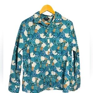 Lands’ End Women’s Supima Cotton No Iron long sleeve Blouse Sz 16 W Floral teal